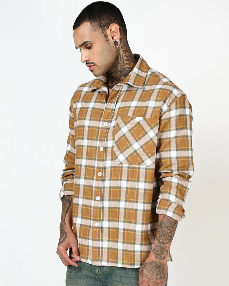 بيواكوف Men's Brown & White Checked Oversized Shirt